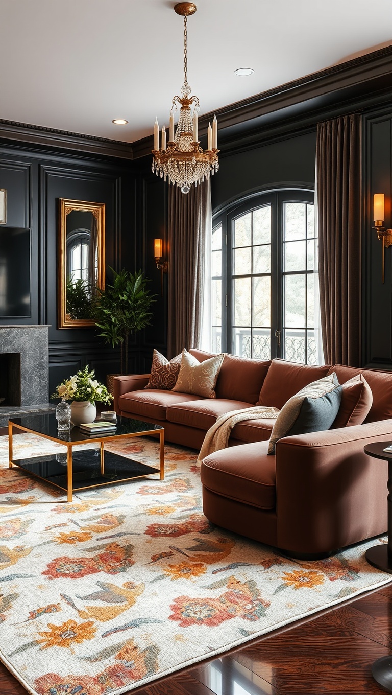 20 Glam Living Room Ideas that Sparkle and Shine - 5. Glamorous Area Rugs that Steal the Show