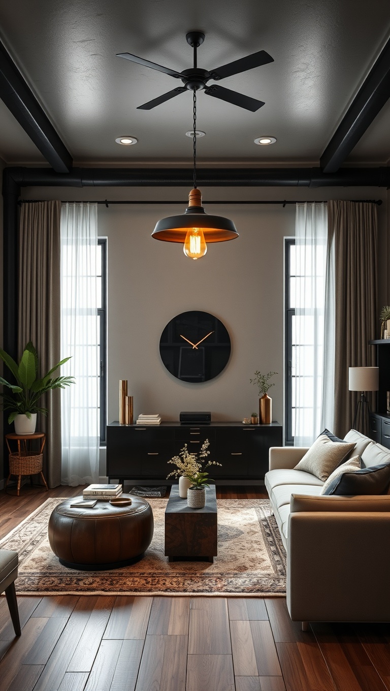 20 Stunning Ideas to Transform Your Living Room into an Industrial Chic Haven - 6. Add Industrial Lighting Fixtures