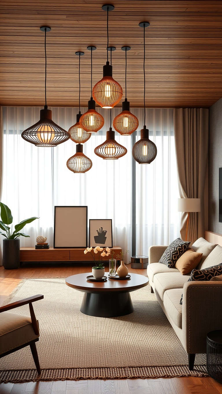 20 Inspiring Ideas for Your Japandi Living Room - 10. Statement Lighting: Pendant Lamps with a Twist