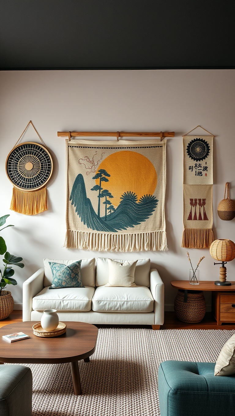 20 Inspiring Ideas for Your Japandi Living Room - 15. Artful Wall Decor: Blend Styles with Wall Hangings