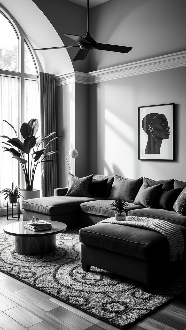 20 Fabulous Ideas and Inspiration for Layered Rug Living Rooms - 17. Go Monochrome for a Chic Look