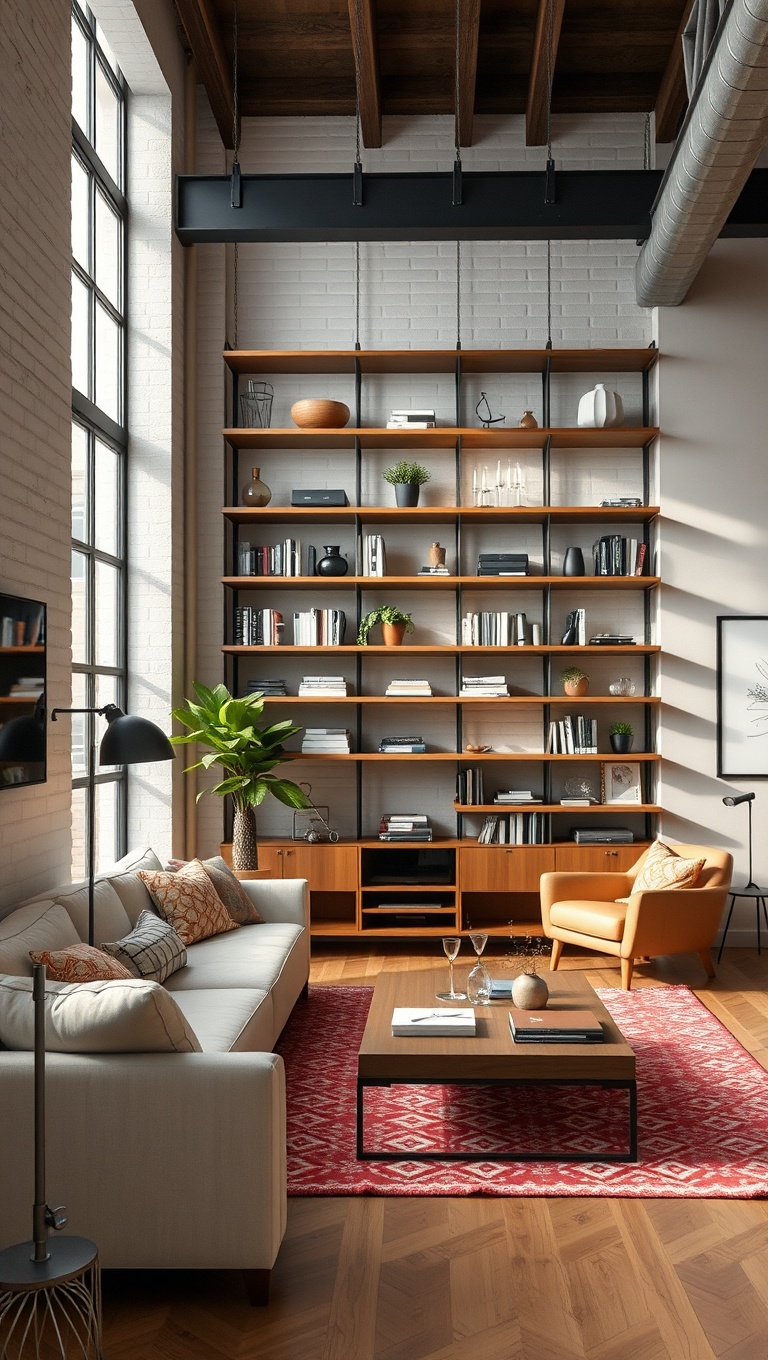 20 Chic Ideas for Your Loft-Style Living Room - 17. Choose Open Shelving for a Spacious Feel