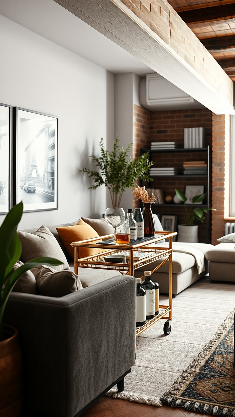 20 Chic Ideas for Your Loft-Style Living Room - 18. Introduce a Stylish Bar Cart for Entertaining