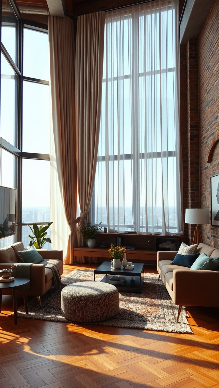 20 Chic Ideas for Your Loft-Style Living Room - 16. Hang Curtains High to Soar Your Ceilings