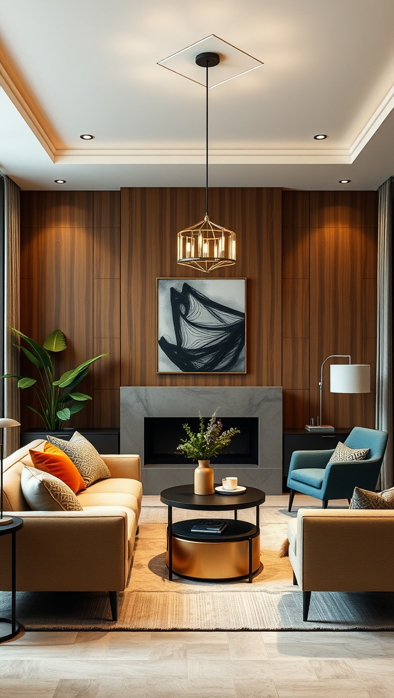 20 Chic Ideas for Low-Profile Furniture Living Rooms - 11. Select a Statement Lighting Fixture