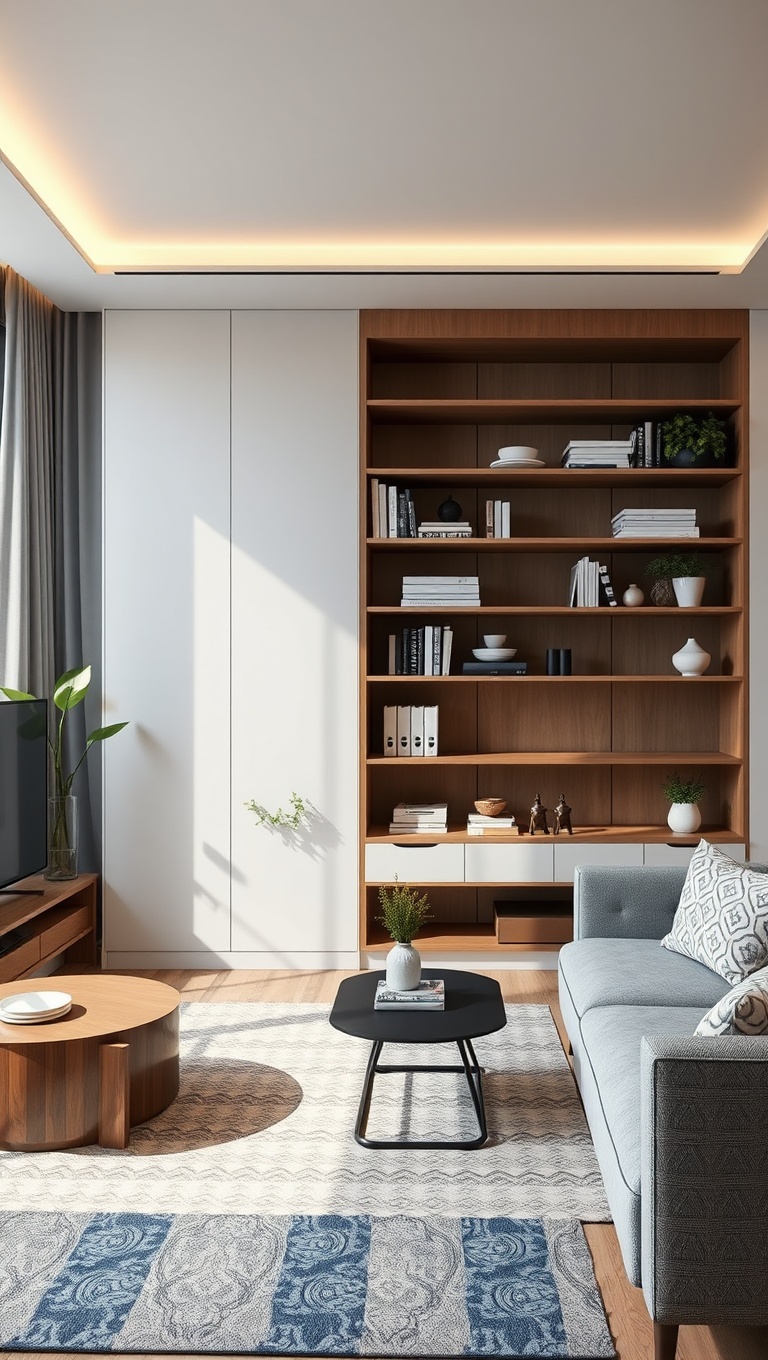 20 Chic Ideas for Low-Profile Furniture Living Rooms - 9. Use Built-In Shelving to Save Space