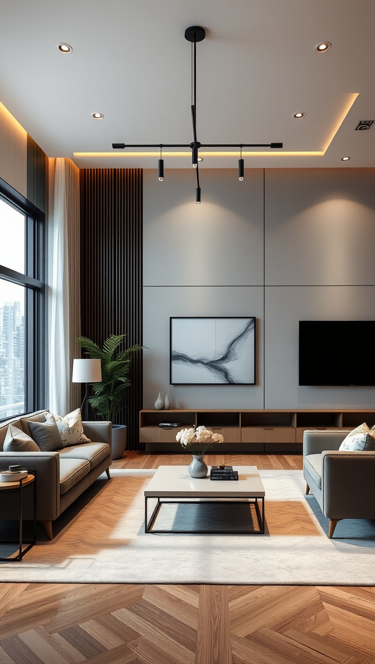 20 Chic Ideas for Luxury Minimalist Living Rooms - 7. Smart Lighting: Use Fixtures that Stand Out