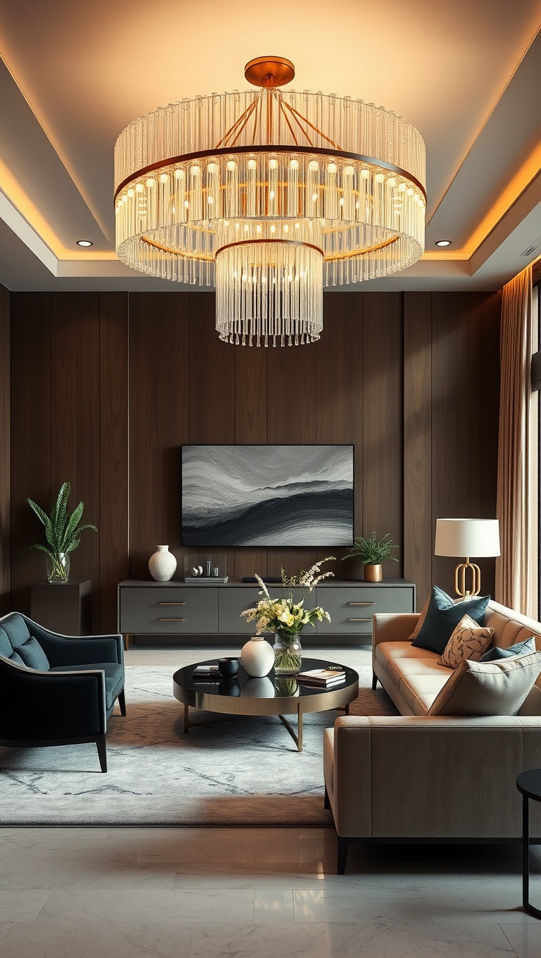 20 Bold and Beautiful Ideas for Maximalist Living Rooms - 19. Hang Up a Statement Ceiling Fixture
