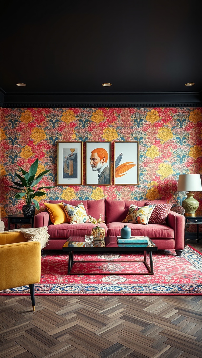 20 Vibrant Ideas to Transform Your Living Room with Color - 15. Patterned Wallpaper: A Fun Way to Add Depth