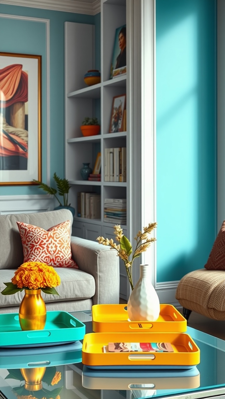 20 Vibrant Ideas to Transform Your Living Room with Color - 16. Bright Decorative Trays: Organize with a Splash of Color
