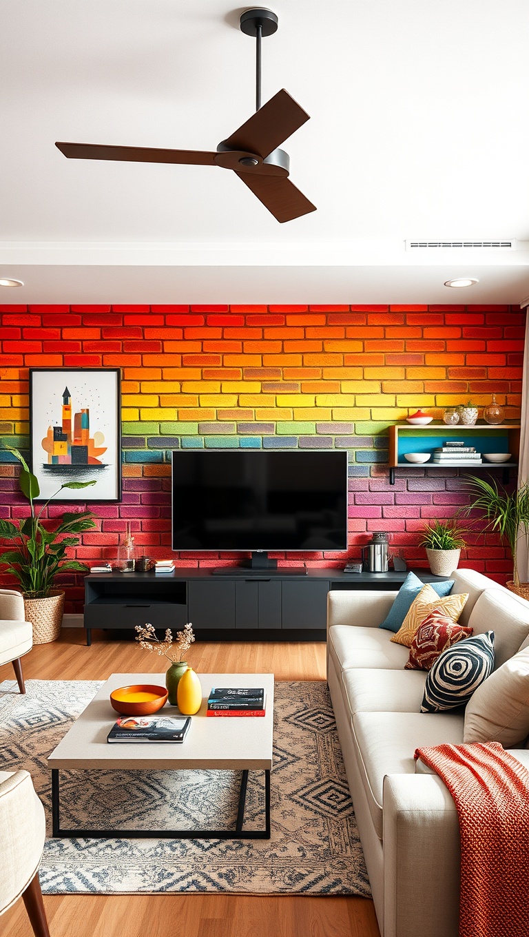 20 Vibrant Ideas to Transform Your Living Room with Color - 1. Rainbow Accent Wall: A Colorful Focal Point
