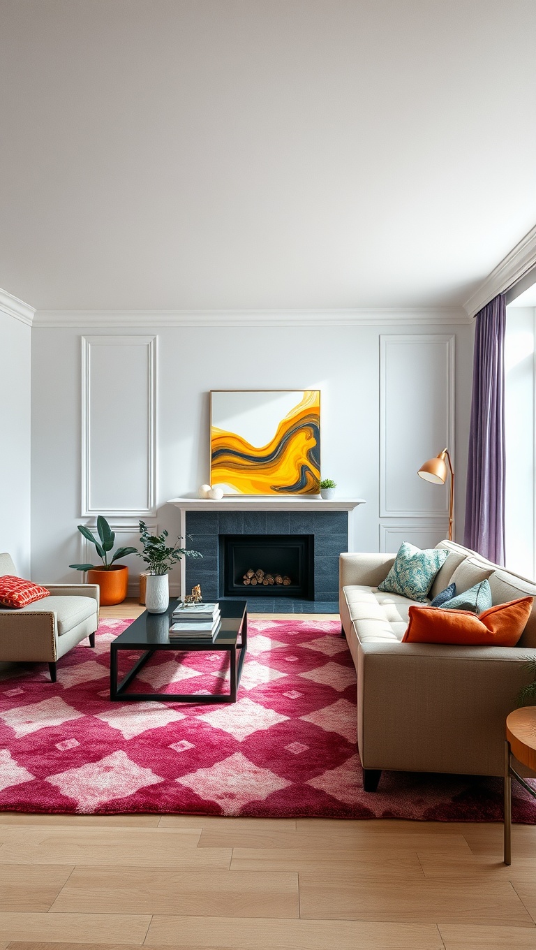 20 Vibrant Ideas to Transform Your Living Room with Color - 3. Bright Area Rugs: Ground Your Space with Color