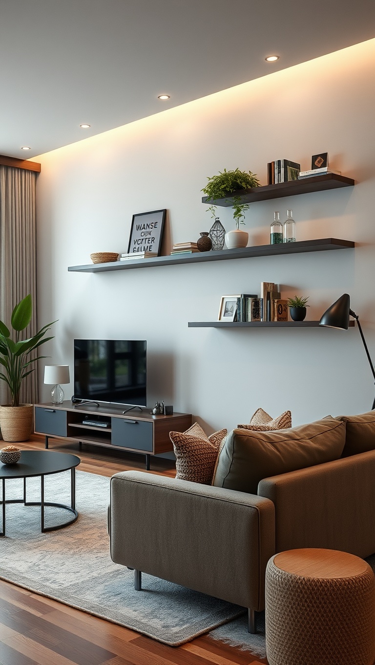 20 Clever Ideas to Transform Your Living Room into a Multifunctional Wonderland - 3. Floating Shelves: Display and Store with Style