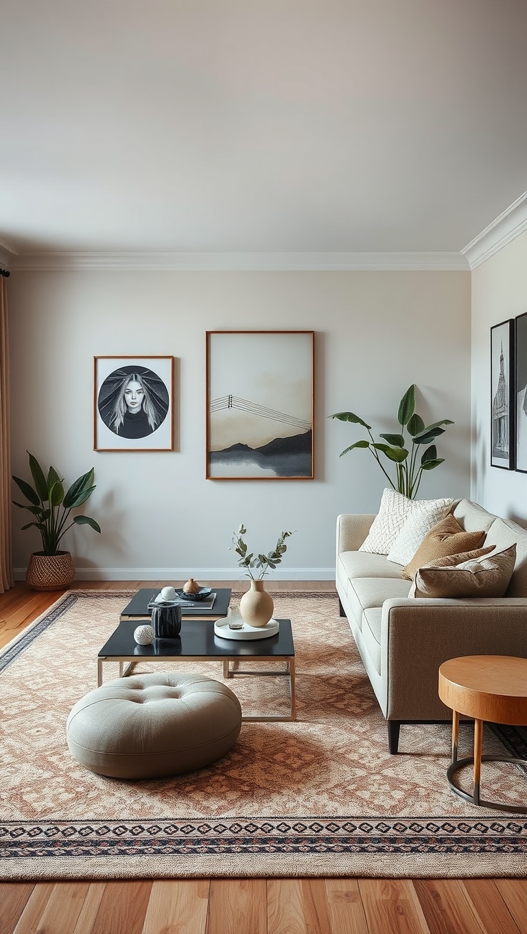 20 Neutral Living Room Ideas to Inspire Your Cozy Space - 16. Layered Rugs: Mixing Patterns with Neutrals