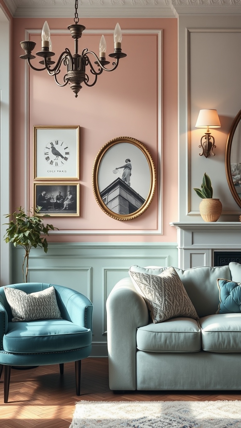 20 Chic Ideas for a Parisian-Inspired Living Room - 19. Opt for Pastel-painted Accent Walls: Soft Hues Rock!