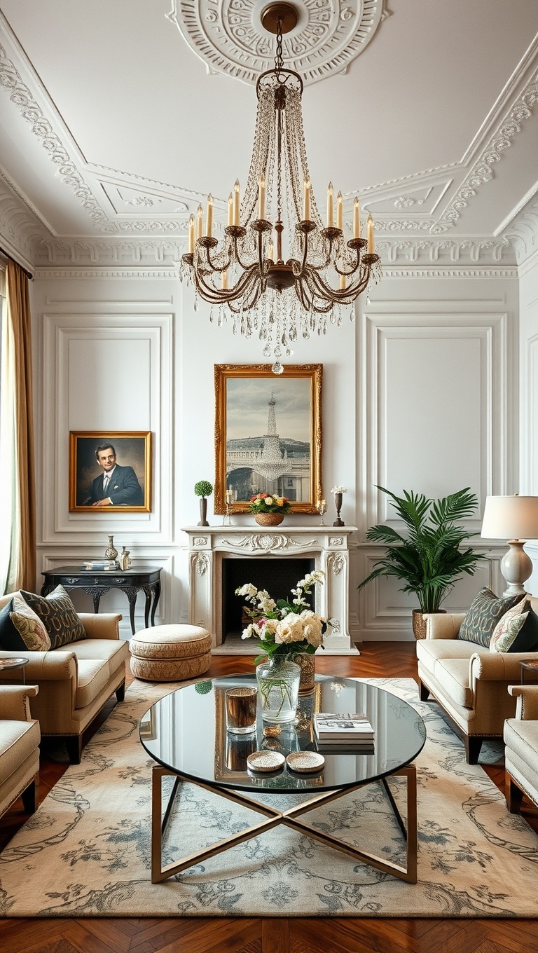 20 Chic Ideas for a Parisian-Inspired Living Room - 2. Add a Statement Chandelier: Let There Be Light!