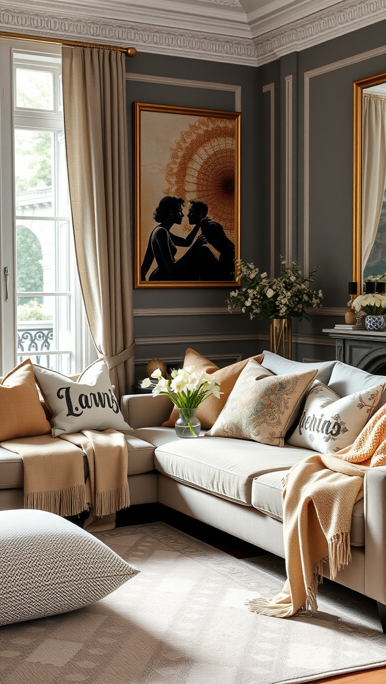 20 Chic Ideas for a Parisian-Inspired Living Room - 15. Add French-Inspired Textiles: Chic Cushions and Throws