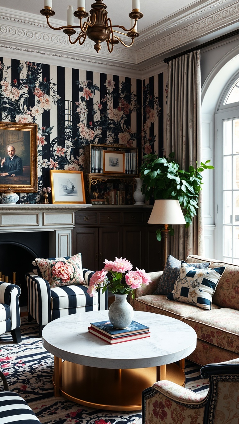 20 Chic Ideas for a Parisian-Inspired Living Room - 12. Choose Bold Patterns: Think Stripes and Florals