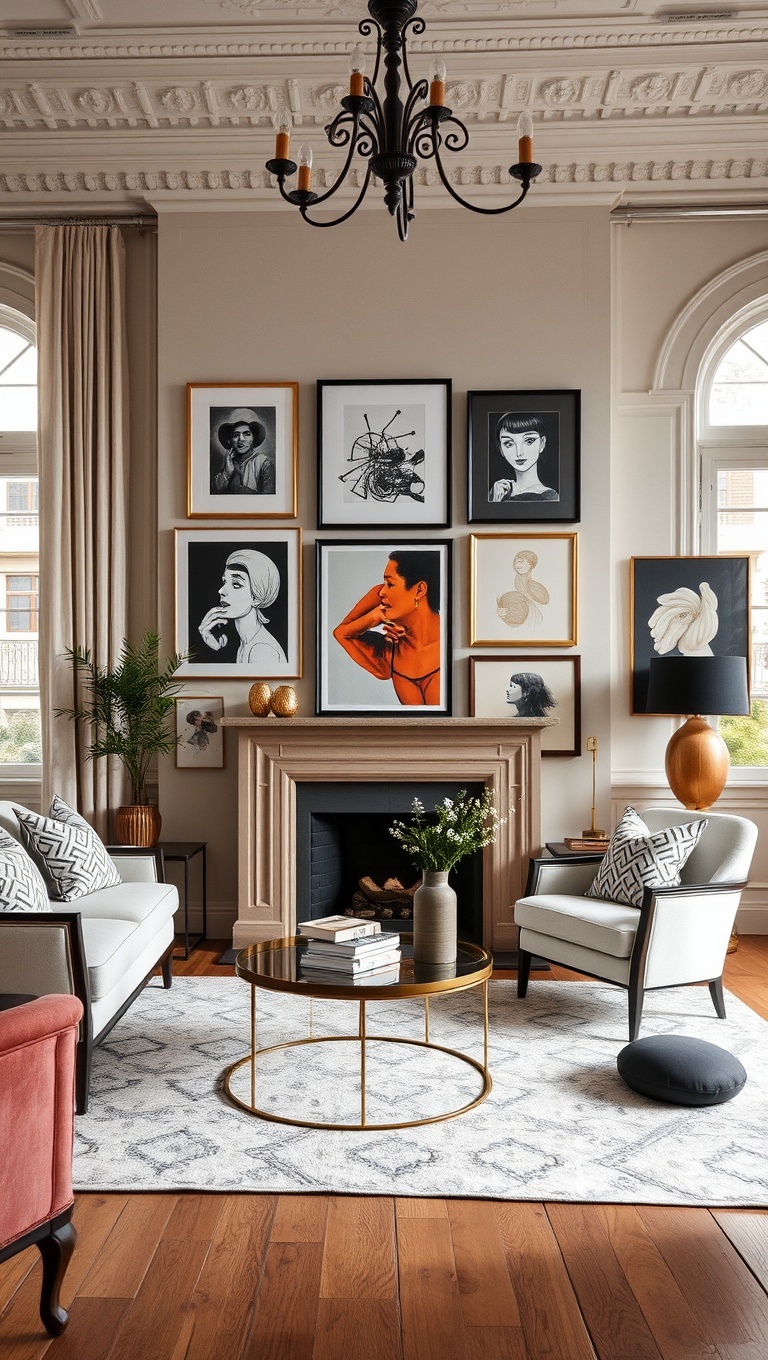 20 Chic Ideas for a Parisian-Inspired Living Room - 5. Incorporate Eclectic Art: Gallery Wall Goals!