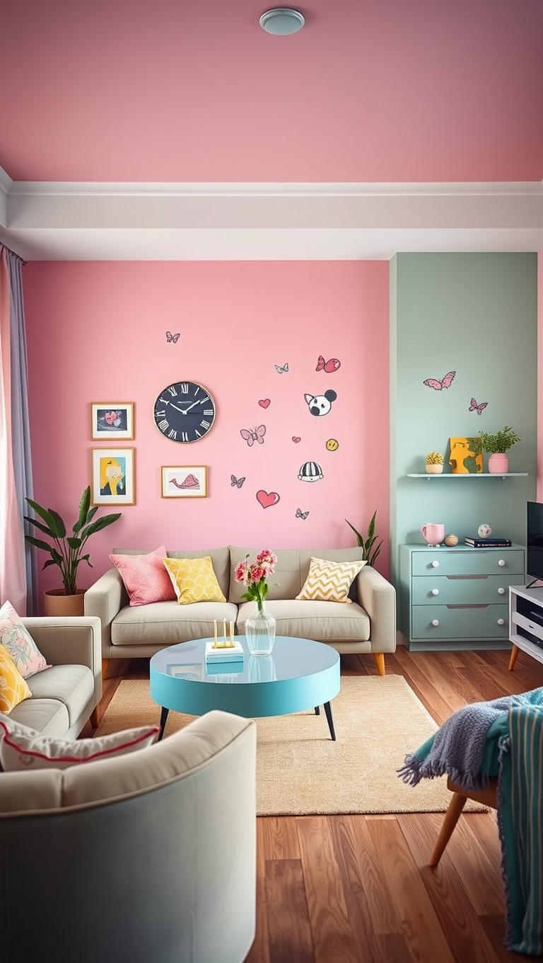20 Inspiring Ideas to Create Your Dream Pastel Living Room - 14. Whimsical Wall Decals: Fun and Funky Touches