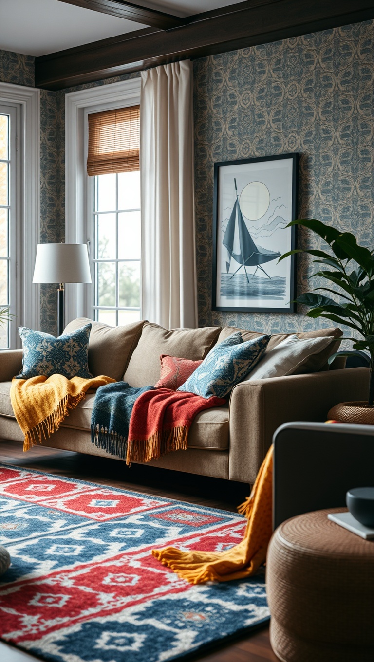 20 Vibrant Ideas to Transform Your Living Room with Patterns - Colorful Throws: Cozy and Stylish
