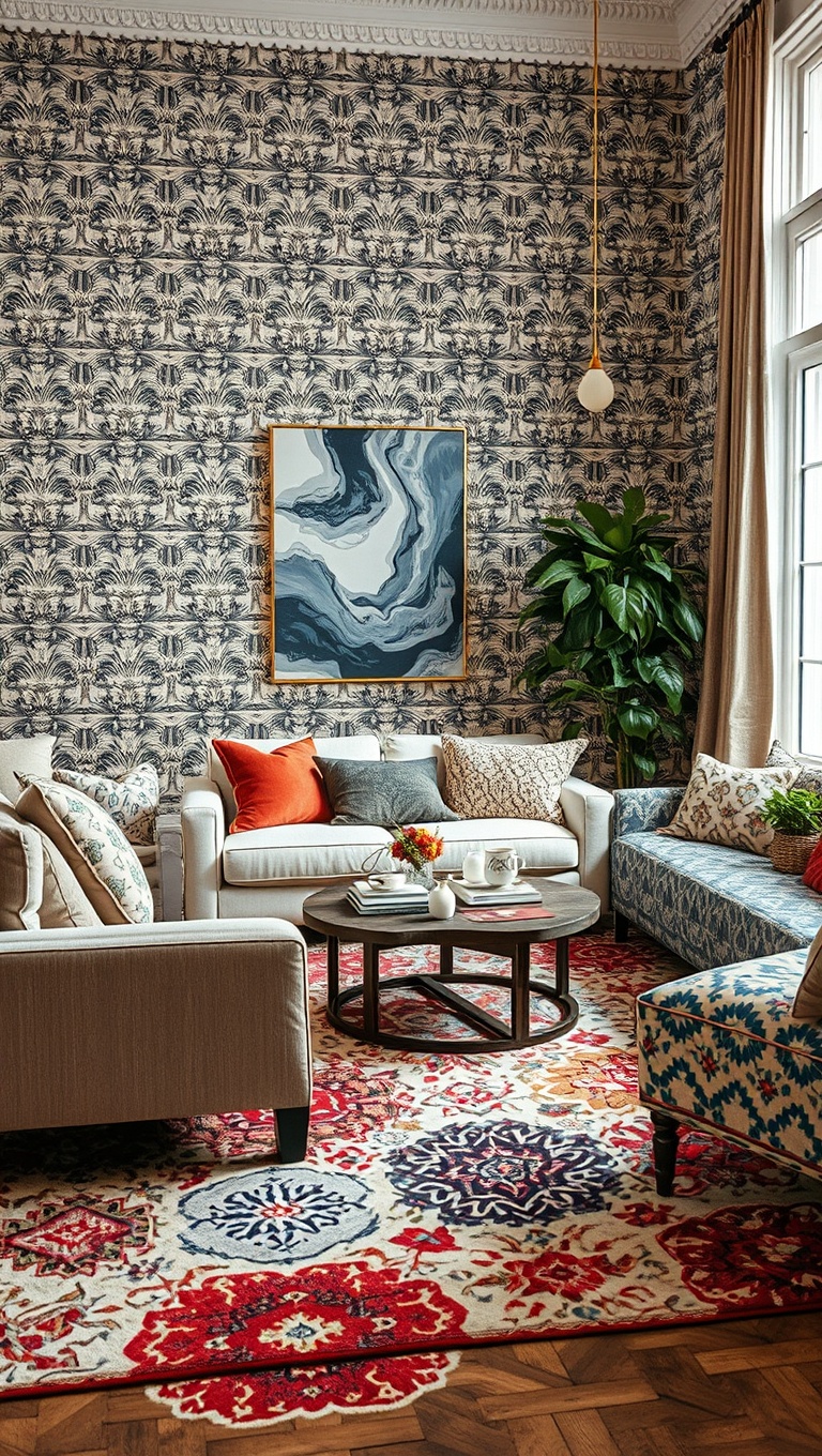 20 Vibrant Ideas to Transform Your Living Room with Patterns - Layered Rugs: A Pattern Explosion Underfoot