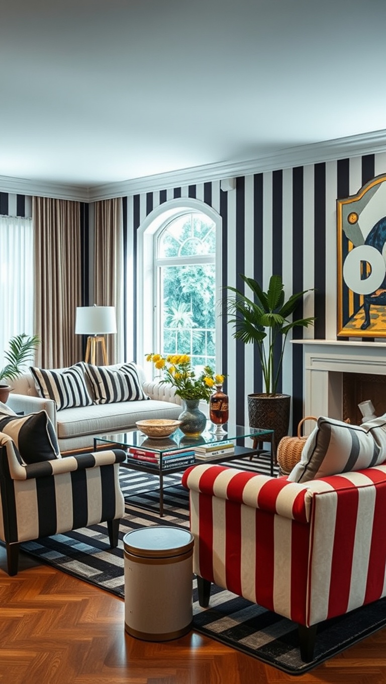 20 Vibrant Ideas to Transform Your Living Room with Patterns - Stripes on Stripes: Mixing Patterns Like a Pro