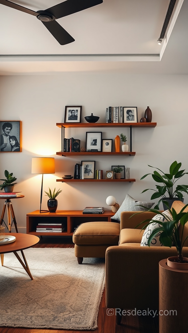 20 Delightful Ideas to Transform Your Living Room into a Retro Paradise - Utilize Floating Shelves for Display