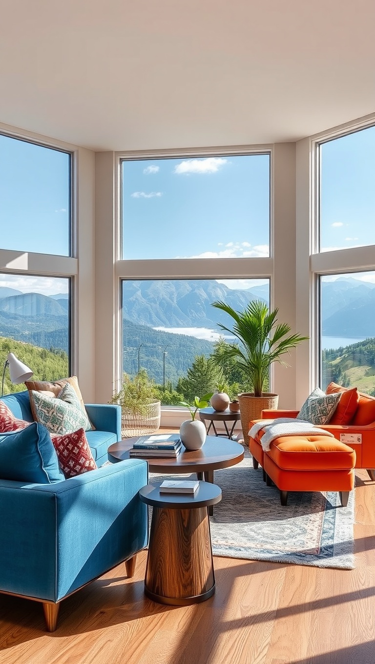 20 Stunning Ideas for Scenic View Living Rooms That Will Take Your Breath Away - 6. Bold Colors: Make Your Furniture POP Against Scenic Backdrops