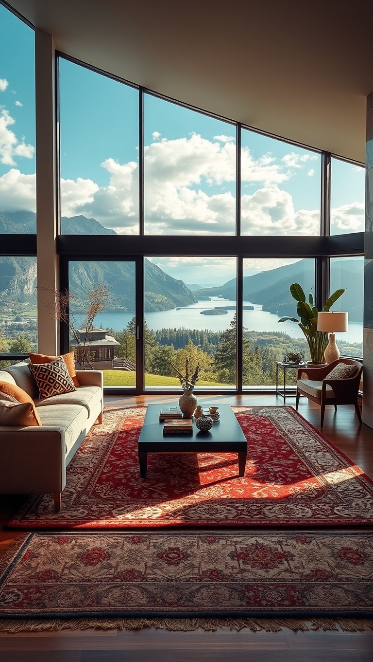 20 Stunning Ideas for Scenic View Living Rooms That Will Take Your Breath Away - 13. Statement Rugs: Ground Your Living Room Amidst the Views