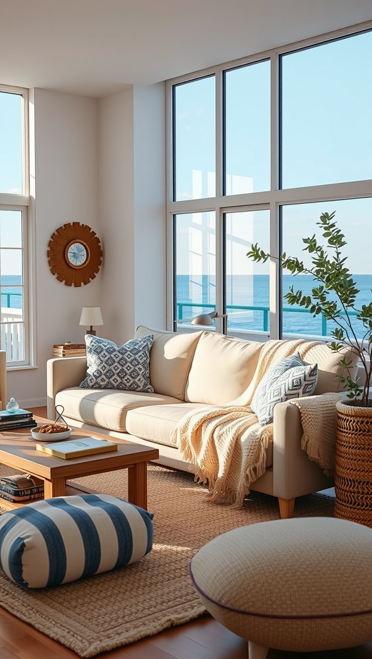 20 Dreamy Ideas for a Seaside Living Room - 16. Fun Throw Blankets: Keep it Cozy with Light Fabrics