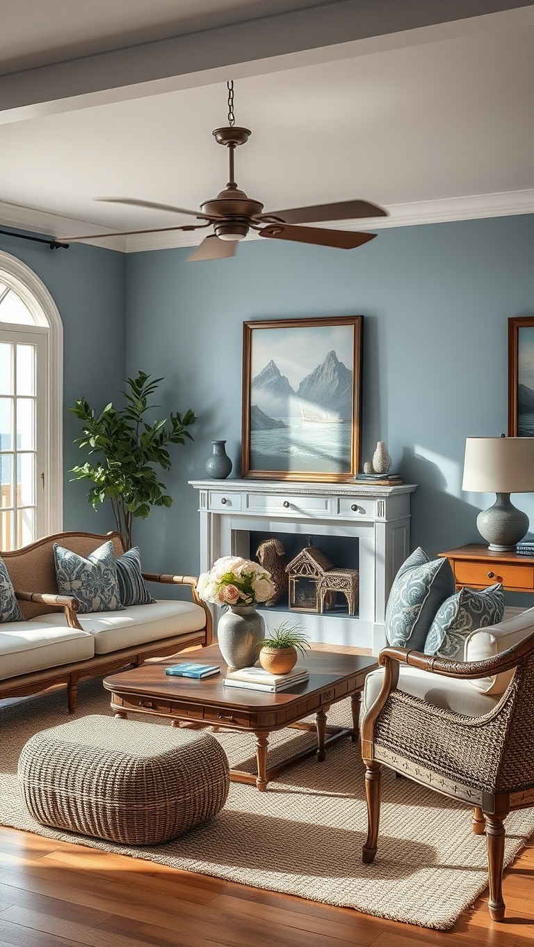 20 Dreamy Ideas for a Seaside Living Room - Vintage Finds: Mix Antique Furniture with Modern Pieces