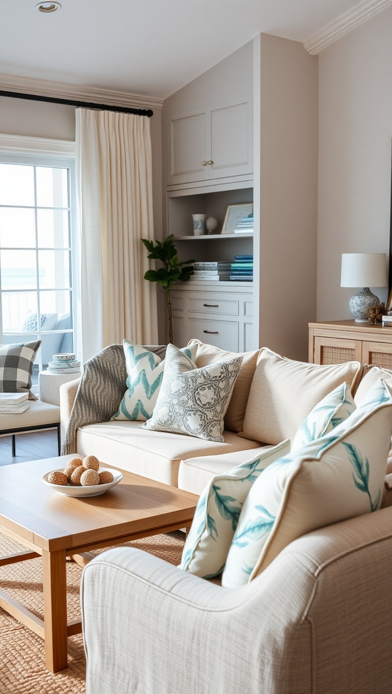 20 Dreamy Ideas for a Seaside Living Room - 14. Ocean-Inspired Pillows: Add Fun Patterns and Textures