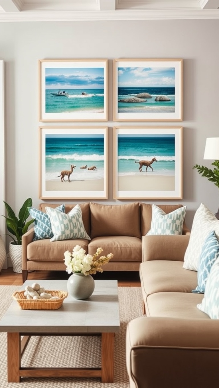 20 Dreamy Ideas for a Seaside Living Room - 4. Coastal Art: Hang Beachy Prints and Photographs