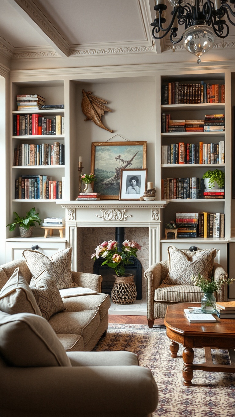20 Charming Ideas for a Shabby Chic Living Room - Decorate with Books: Shelves Full of Charm