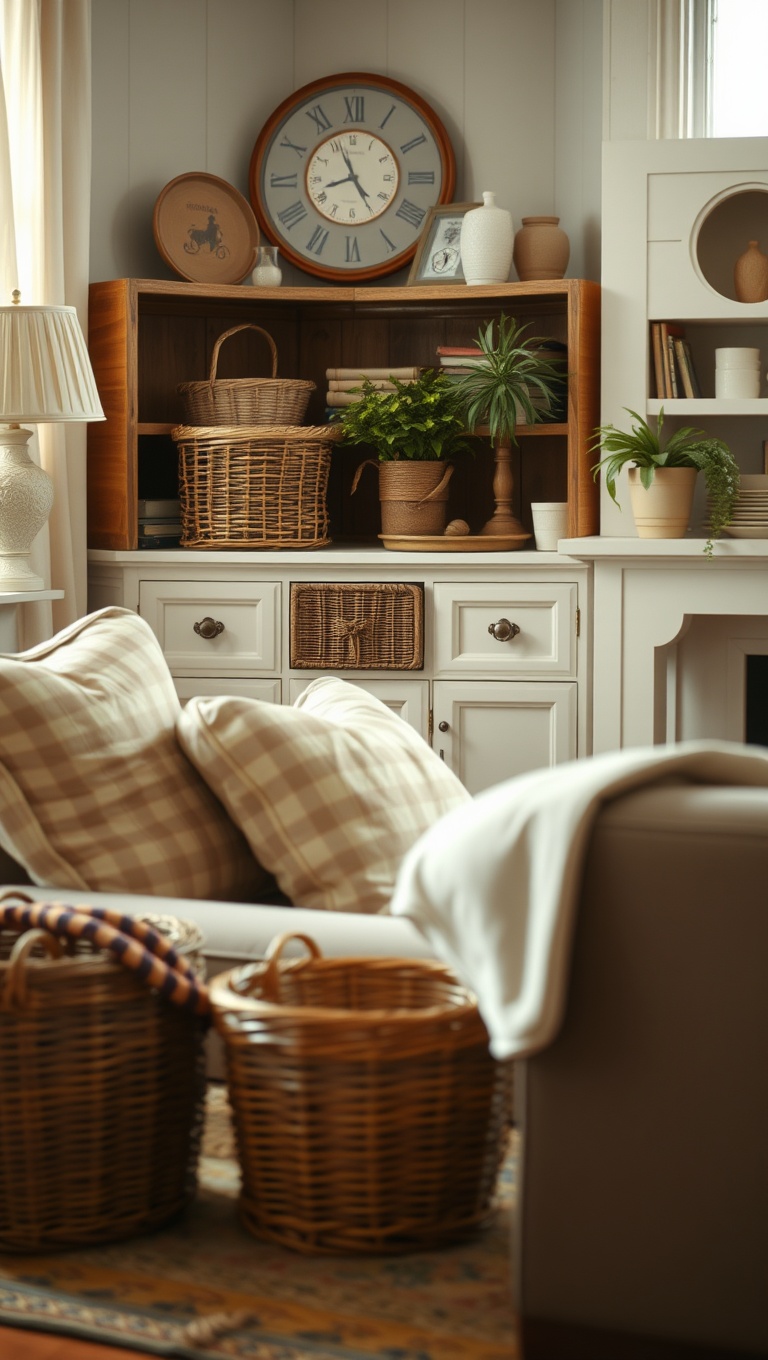 20 Charming Ideas for a Shabby Chic Living Room - Use Vintage Baskets: Organize with Style