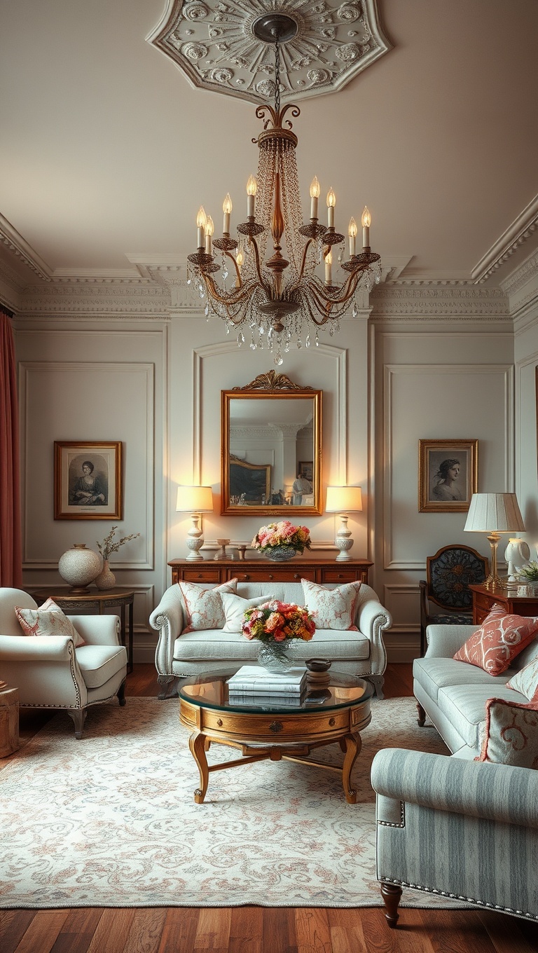 20 Charming Ideas for a Shabby Chic Living Room - Chic Chandeliers: Lighting That Sparkles and Shines