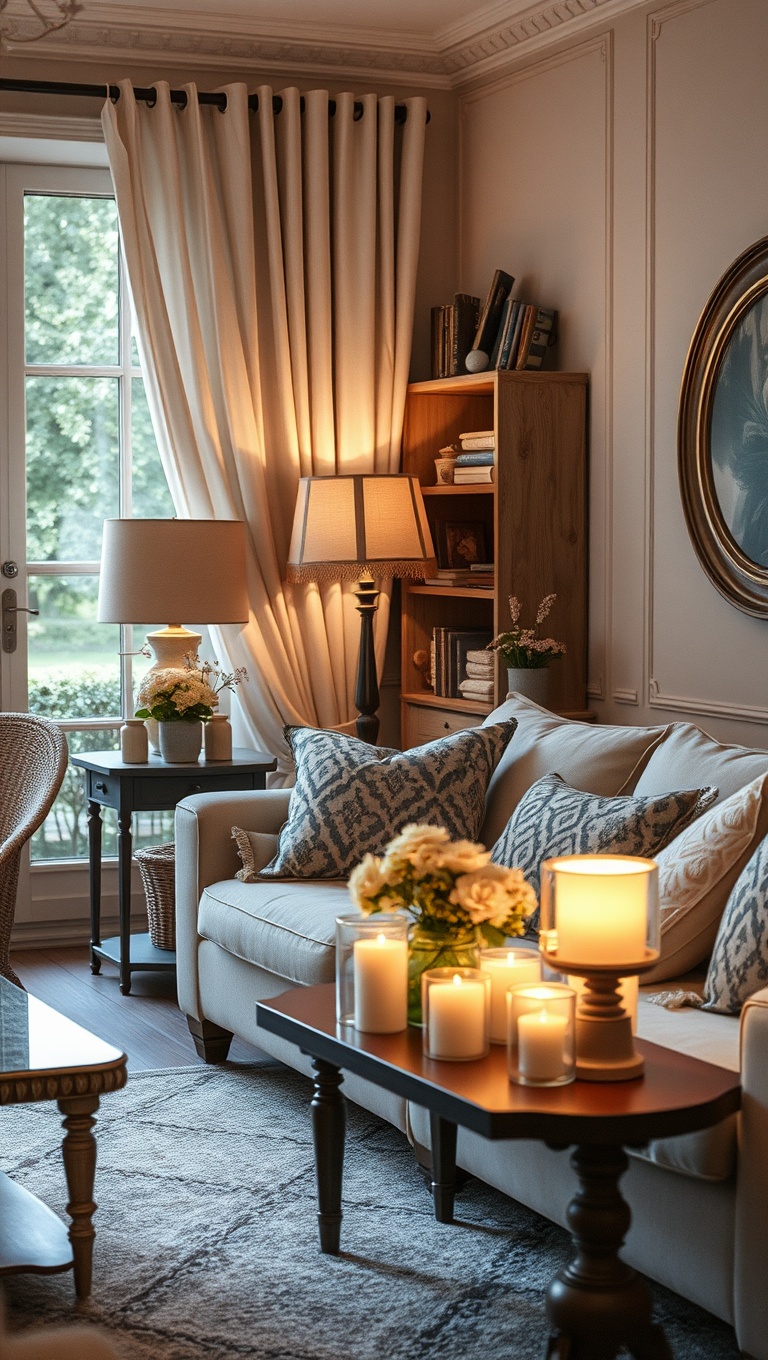 20 Charming Ideas for a Shabby Chic Living Room - Accessorize with Soft Lighting: Lamps and Candles