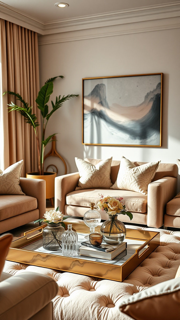 20 Soft Glam Living Room Ideas That Will Spark Your Imagination - 14. Decorative Trays to Organize & Shine