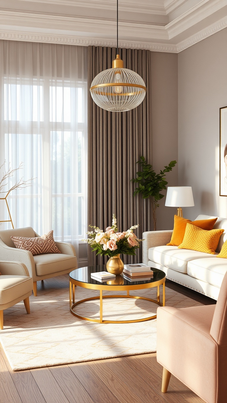 20 Soft Glam Living Room Ideas That Will Spark Your Imagination - 20. A Touch of Gold: Accents that Dazzle