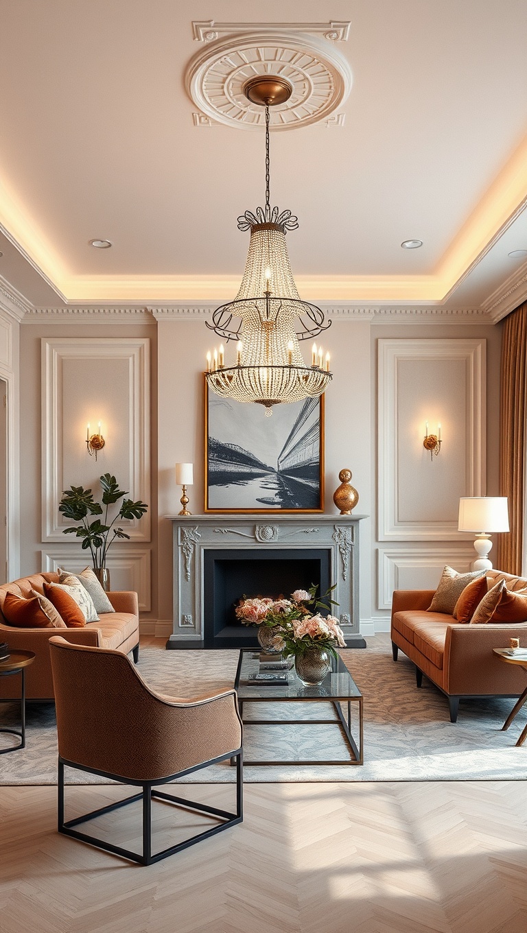 20 Soft Glam Living Room Ideas That Will Spark Your Imagination - 7. Statement Lighting Fixtures: Chandeliers & More