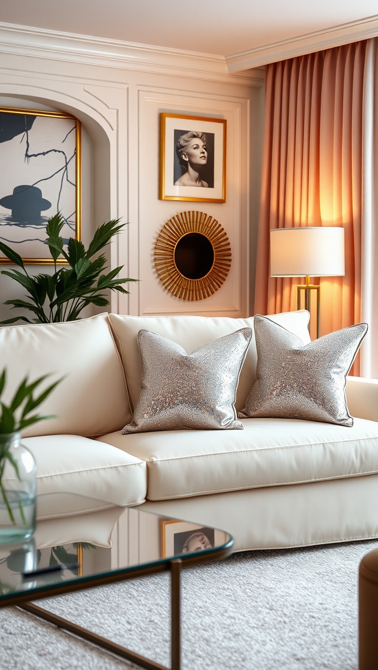 20 Soft Glam Living Room Ideas That Will Spark Your Imagination - 4. Glitzy Throw Pillows for a Pop!