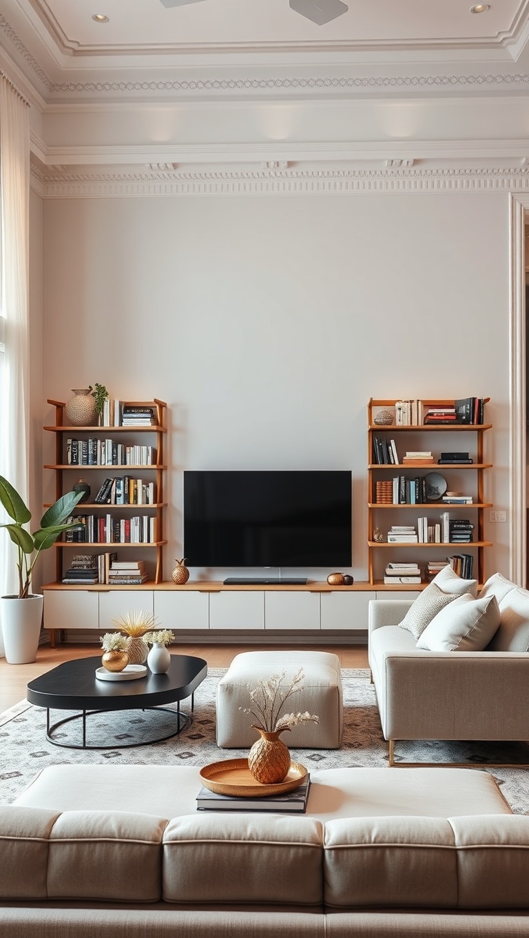 20 Soft Glam Living Room Ideas That Will Spark Your Imagination - 15. Unique Bookshelves to Showcase Your Style