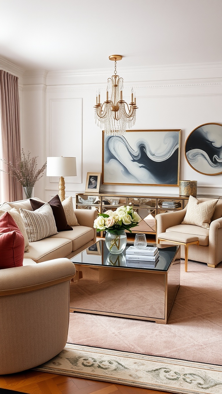 20 Soft Glam Living Room Ideas That Will Spark Your Imagination - 11. Mirrored Furniture for a Touch of Glam
