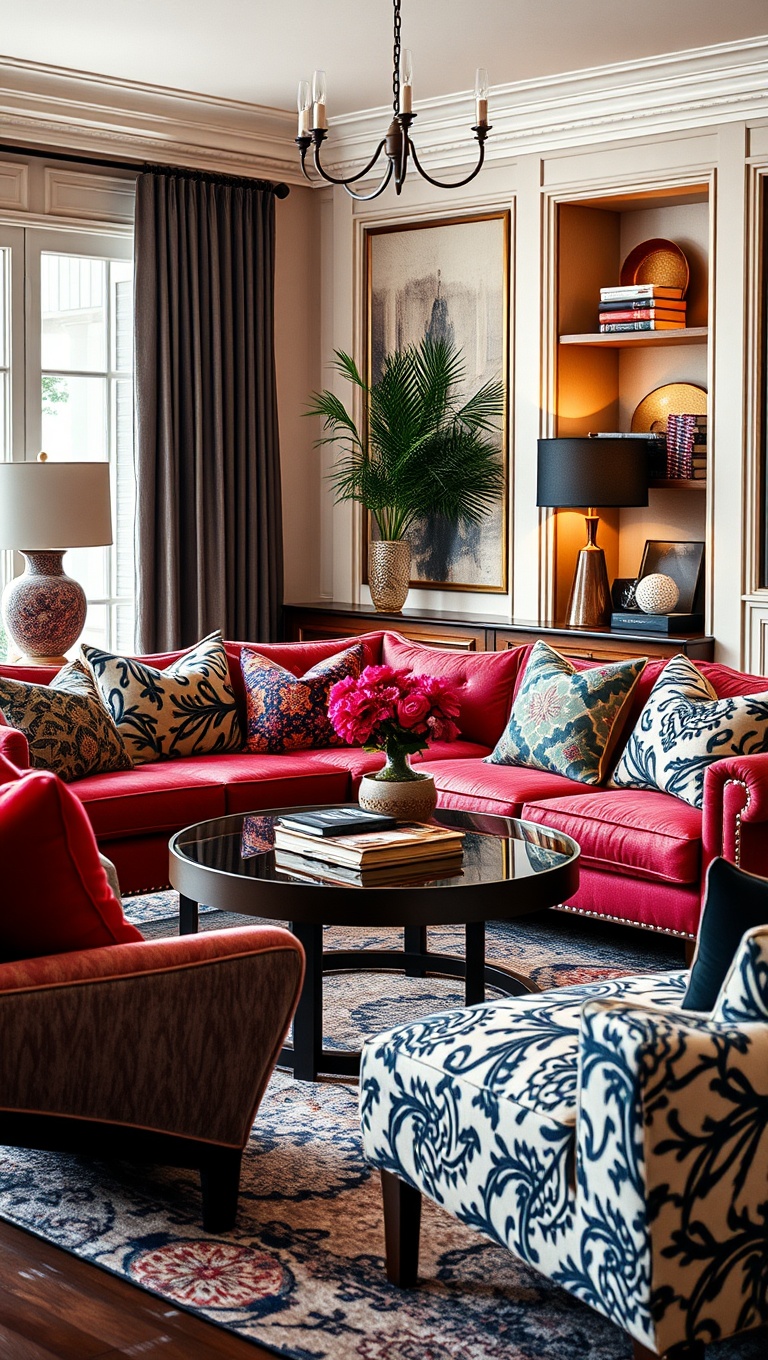 20 Chic Ideas for a Sophisticated Living Room - 15. Choose Bold Patterns in Pillows and Upholstery
