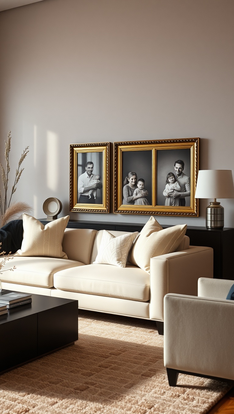 20 Chic Ideas for a Sophisticated Living Room - 20. Personal Touches: Family Photos in Elegant Frames