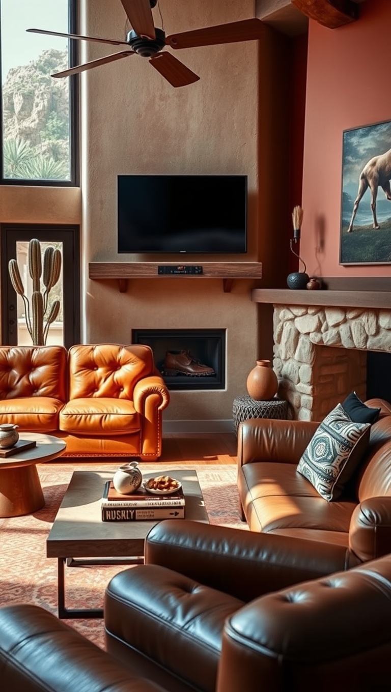 20 Vibrant Ideas for Your Southwestern Living Room - 8. Leather Furniture: A Touch of Luxury