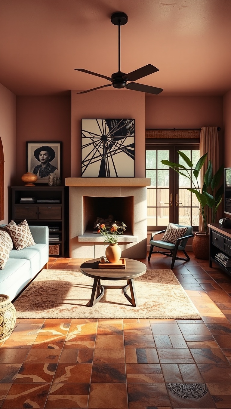 20 Vibrant Ideas for Your Southwestern Living Room - 14. Clay Tiles: A Floor That's Full of Life