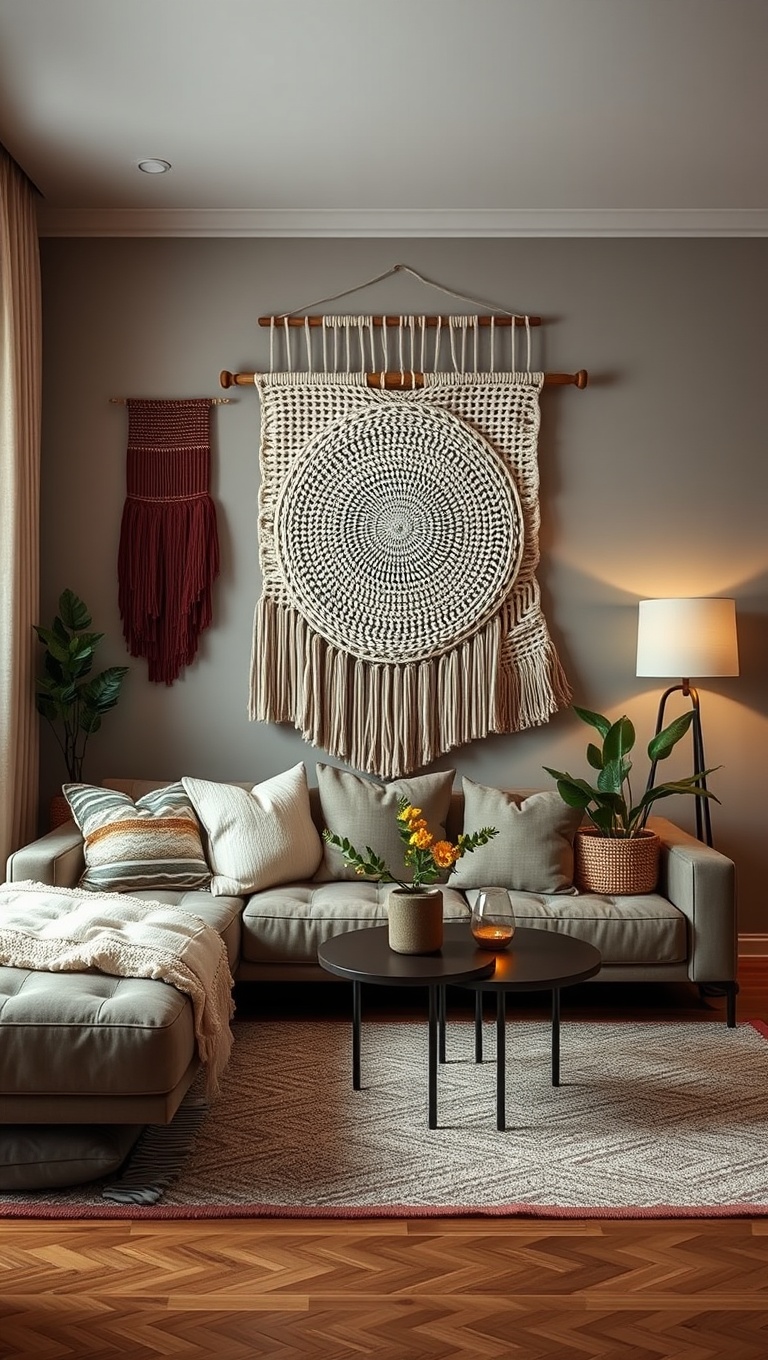 20 Stunning Ideas to Transform Your Living Room with Textured Walls - 6. Woven Wall Hangings: Add Softness and Warmth