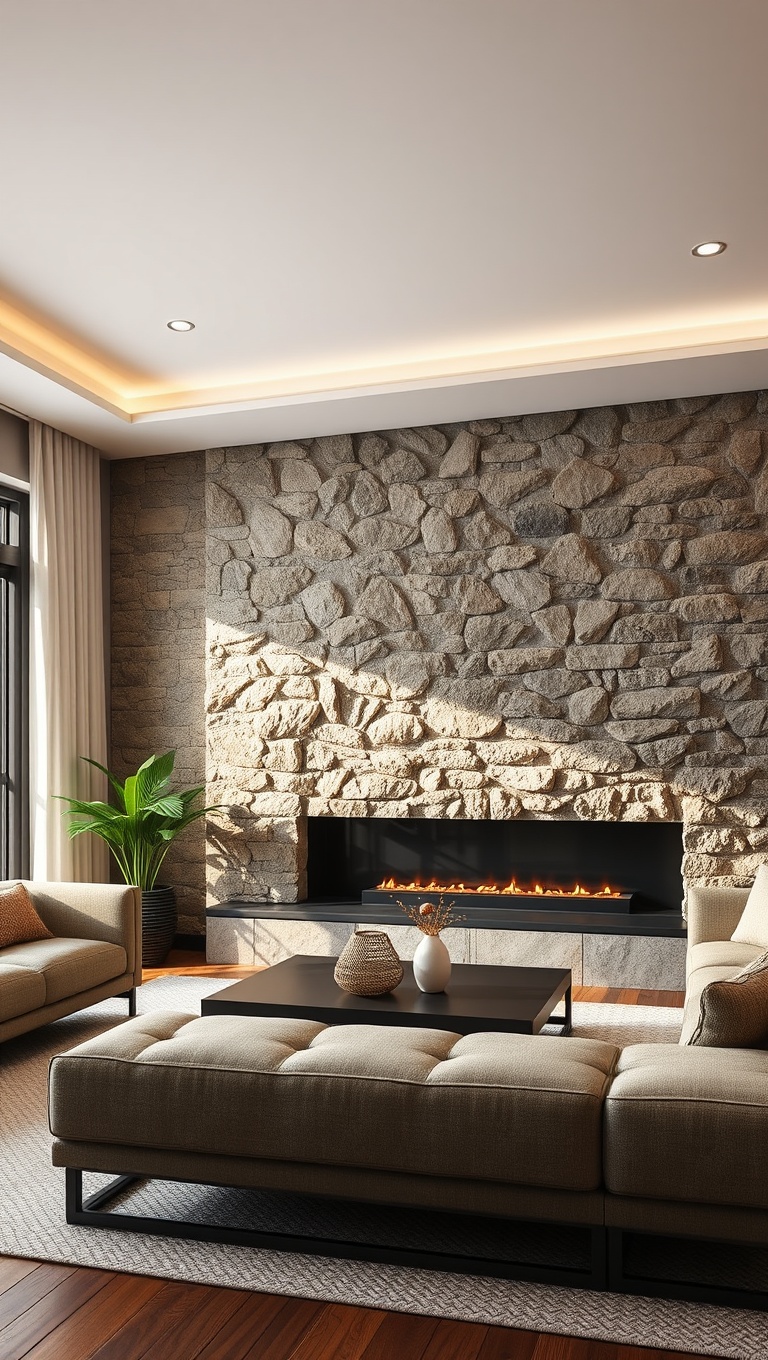 20 Stunning Ideas to Transform Your Living Room with Textured Walls - 7. Stone Accent Walls: Nature’s Beauty Indoors